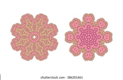 Pink ornate lacy vintage background. Circle background with many details.