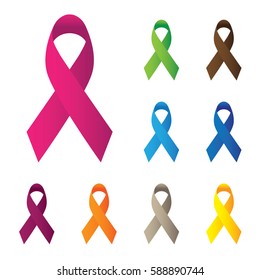 pink and other color ribbons, breast cancer awareness vector icon isolated on white background