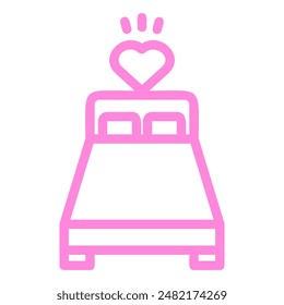 A pink outline of a bed with two pillows and a heart above it.