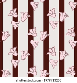 Pink outline bellflower elements seamless pattern. Blossom ornament. Maroon and grey striped background. Vector illustration for seasonal textile prints, fabric, banners, backdrops and wallpapers.
