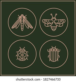 Pink Outline Bugs, Butterfly, Moth. Different insects. Minimalistic Round Icons. Scandinavian style Simple geometric design. Trendy Vector illustrations. Every icon is isolated on green