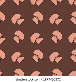 Pink outline champignon mushroom silhouettes seamless pattern. Maroon background. Autumn style. Vector illustration for seasonal textile prints, fabric, banners, backdrops and wallpapers.