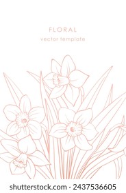 Pink outline daffodil flowers bouquet on white vertical background. Hand drawn narcissus line sketch. Vector floral template of greeting card, wedding invitation, poster or cover, spring design.