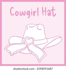 Pink outline illustration of a cowgirl hat with heart and ribbon