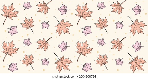 Pink outline maple leaves on a light beige background with small circles. Endless texture with autumn leaves. Vector seamless pattern for wallpaper, wrapping paper, packaging, cover or surface texture