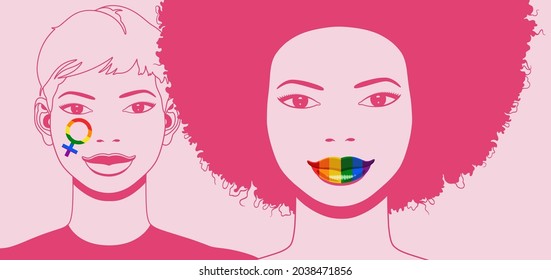 Rasgo rosado de dos mujeres multiétnicas con lápiz de labios y pintura facial con colores arcoiris de bandera lgbt 
