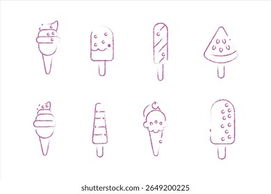 Pink outline sketch ice cream vector collection with cones, popsicles, frozen treats and summer desserts in modern line art style for design use