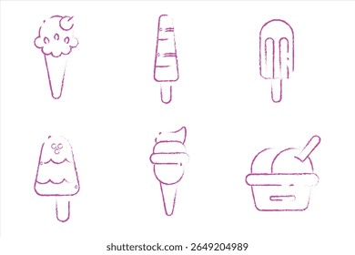 Pink outline sketch ice cream vector collection with cones, popsicles, frozen treats and summer desserts in modern line art style for design use