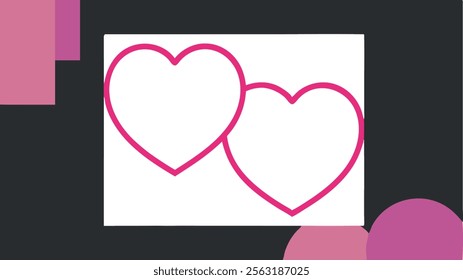 Pink outlined hearts on a black background with geometric patterns. Minimalistic Valentine's Day design
