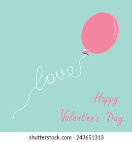 Pink oval balloon with love thread Flat design Happy Valentines day card. Vector illustration