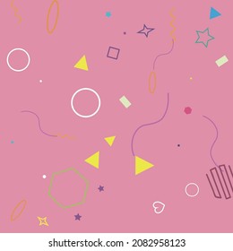 Pink Oval Pastel Zigzag Hearts Colorful Orange Geometry Illustration. Polygonal Green Blue Ring Stars Square Bright Hipster Background. Wave Violet Rectangle Simple Sweet Red Circle Illustration.
