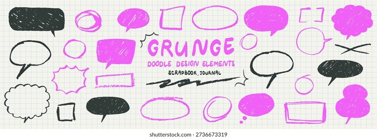 Pink oval, rectangle text box doodle collection for hand drawn notes, journaling and graphic design. Grunge chalk, charcoal or marker speech bubbles, hand drawn stickers. Vector scrapbook elements.