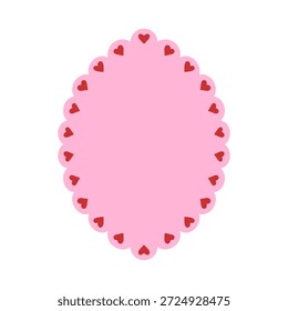 Marco oval festoneado rosa con corazones rojos. Frontera romántica para el día de San Valentín, boda o tarjetas de felicitación. Linda etiqueta decorativa para scrapbooking y diseño. 