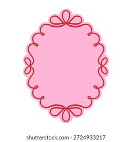 Pink oval scalloped frame with red decorative curly line. Romantic border with flourishes for Valentine's Day, wedding, or greeting cards. Cute label for scrapbooking and design.