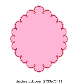 Pink oval scalloped frame with red decorative curly line. Romantic border with flourishes for Valentine's Day, wedding, or greeting cards. Cute label for scrapbooking and design.