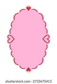 Pink oval scalloped frame with red hearts. Romantic border for Valentine's Day, wedding, or greeting cards. Cute decorative label for scrapbooking and design. 