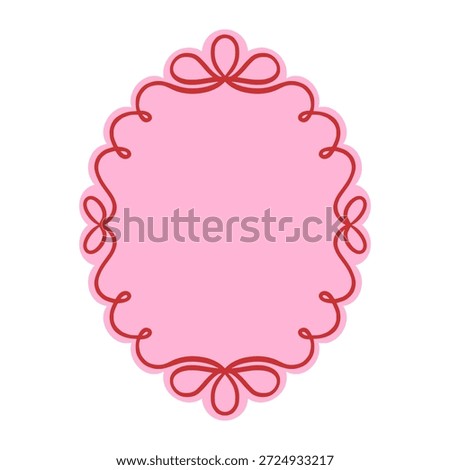 Pink oval scalloped frame with red decorative curly line. Romantic border with flourishes for Valentine's Day, wedding, or greeting cards. Cute label for scrapbooking and design.