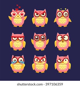 Pink Owl Emoji Collection Flat Vector Cartoon Style Funny Drawing On Dark Blue Backgroud