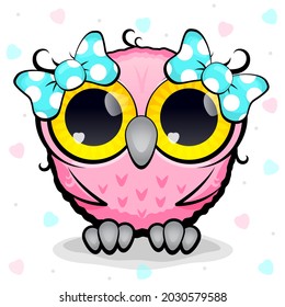 Pink owl girl with turquoise bows and enamored eyes. Love concept, valentine day 