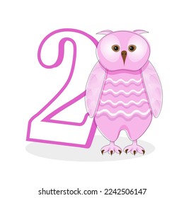 Pink owl with the number 2. Cute character for a children's card or an invitation to a birthday party