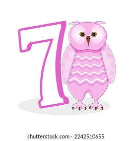 Pink owl with the number 7. Cute character for a children's card or an invitation to a birthday party
