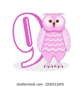 Pink owl with the number 9. Cute character for a children's card or an invitation to a birthday party