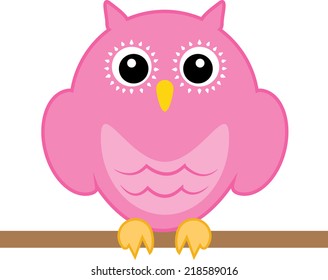 Pink Owl Sat on Tree Branch Vector