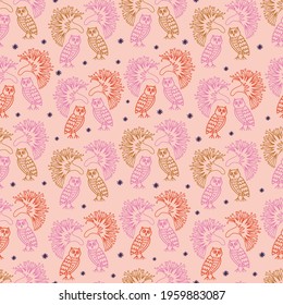 Pink owls seamless pattern - Gold pink owls with decorative flowers. 