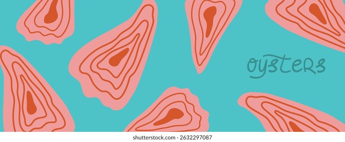 Ostra rosa sobre fundo azul. Banner em estilo de desenho animado brilhante. Design de frutos do mar desenhado à mão para decoração de cozinha, embalagem, menus ou impressões têxteis. Divertido e ilustração de comida moderna. Ilustração vetorial