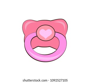 Pink pacifier with heart vector illustration isolated on white. Baby's dummy, nipple icon for toddler girl, infant soother in flat design cartoon style