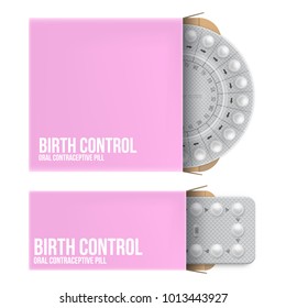 Pink packaging of birth control pills. Contraceptive pill, hormonal pills, birth control pills. Women oral contraception. Realistic blister with pills. Set of popular methods contraception.