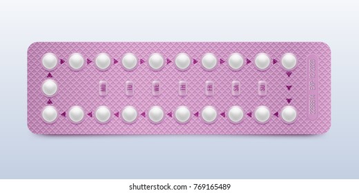 Pink packaging of birth control pills. Contraceptive pill, hormonal pills, birth control pills. Women oral contraception. Planning pregnancy concept.Realistic blister with contraceptive pills.