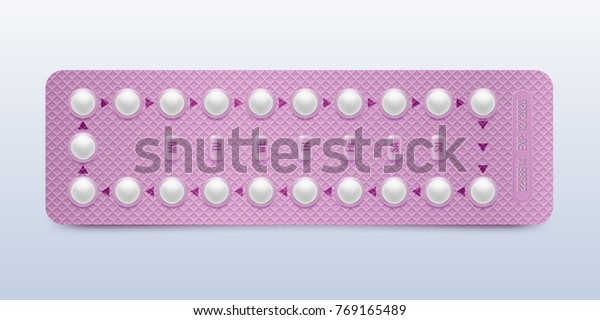 Pink packaging of birth control pills.\
Contraceptive pill, hormonal pills, birth control pills. Women oral\
contraception. Planning pregnancy concept.Realistic blister with\
contraceptive pills.
