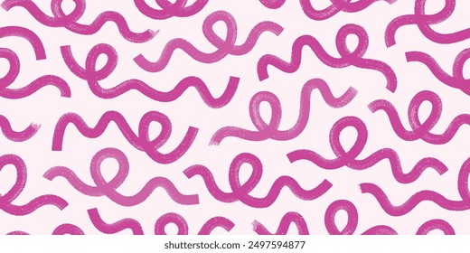 Pink paint brush strokes vector seamless pattern. Hand drawn thick bold curvy geometric lines, strokes.