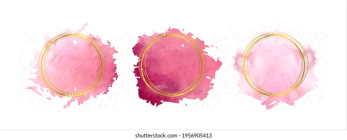 Pink paint brush strokes. Watercolour splashes set with golden circle. Vector illustration