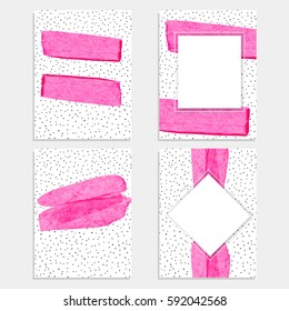 Pink paint brush textured background for promo banner. Vector Pink Lipstick mark set isolated on white dotted background with frame