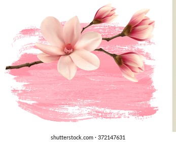 Pink paint magnolia branch banner. Vector.