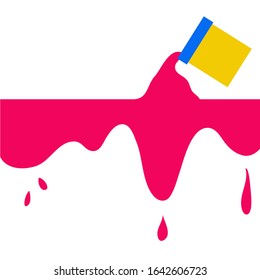 The pink paint was poured from a can flow drops below on white background.