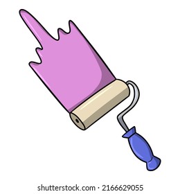 Pink paint and a paint roller with a blue handle, vector cartoon illustration on a white background