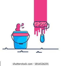 pink paint roller with paint bucket 