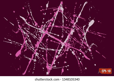 Pink paint splatter, dirty. Effect with noise and grain, white and pink watercolor paint brush splashes. Marsala color background pattern for design. Grunge urban texture template. Vector illustration
