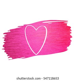 Pink paint stroke with white heart and place for text. Hand made abstract glitter texture. Design for Valentine day banner, card, flyer and ad. Vector EPS10 illustration.