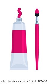 Pink paint tube with paintbrush icon. Flat vector illustration isolated on white background. Art supplies and painting concept. Perfect for educational materials and creative projects