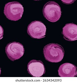 Pink painted polka dot seamless pattern hand drawn. Gouache doodle symbols on black.