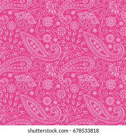 Pink paisley outline seamless pattern. Abstract romantic wallpaper, textile print.