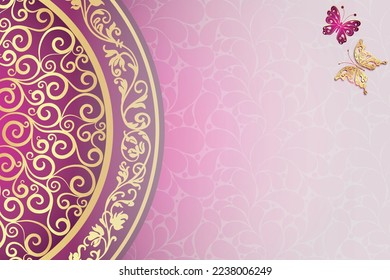 Fondo de gradiente vectorial de color rosa paisaje vintage con mandala y mariposas y lugar para el texto