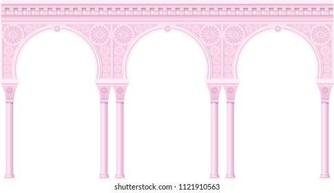 Pink palace arcade in an old oriental style. Facade of a classical building. Vector graphics