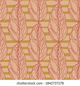 Pink pale contoured outline leaf silhouettes seamless pattern. Botanic ornament on striped background with ocher lines. Designed for fabric design, textile print, wrapping, cover. Vector illustration.