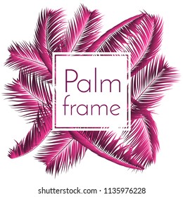 Pink Palm Leaves. Exotic Plants of Coconut. Trendy Branches Set. Vector Tropical Foliage. Botanical Illustration of Jungle Leaf. Pink Palm Leaves for Pattern, Print, Fabric, Textile or Trendy Design