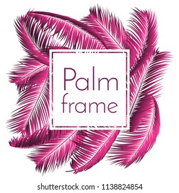 Pink Palm Leaves. Exotic Plants of Coconut. Trendy Branches Set. Vector Tropical Foliage. Botanical Illustration of Jungle Leaf. Pink Palm Leaves for Pattern, Print, Fabric, Textile or Trendy Design